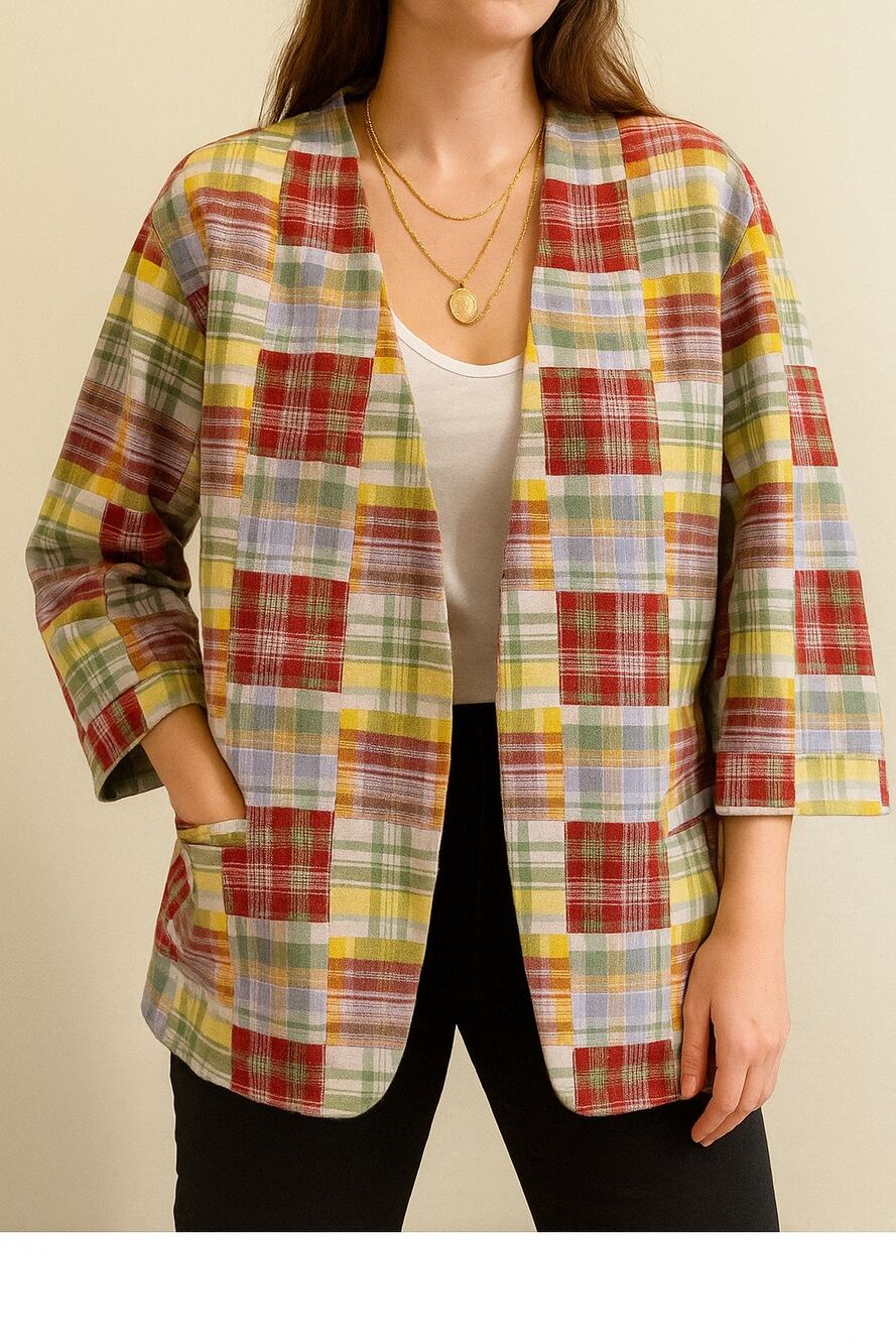 Cinq a Sept Triss Plaid Quilted Patchwork Chore Jacket Cream/Red Size Medium